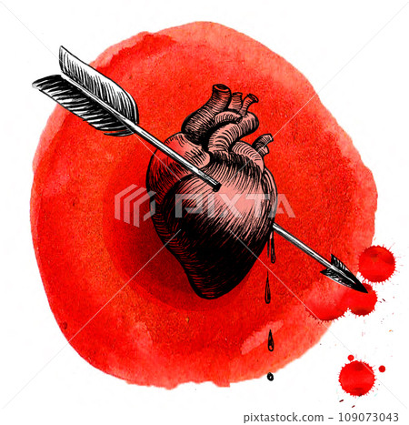 Heart pierced with arrow. Hand-drawn ink and watercolor sketch 109073043