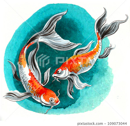 Pair of koi fishes. Hand-drawn ink and watercolor sketch Pair of koi fishes. Hand-drawn ink and watercolor sketch 109073044
