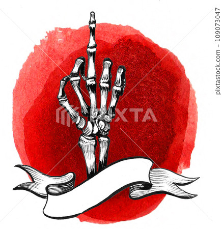Skeleton hand showing middle finger. Hand-drawn ink and watercolor sketch Skeleton hand showing middle finger. Hand-drawn ink and watercolor sketch 109073047