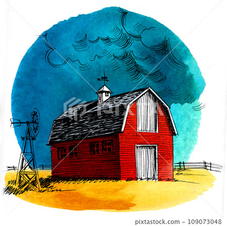 Red barn in the field. Hand-drawn ink and watercolor sketch Red barn in the field. Hand-drawn ink and watercolor sketch 109073048