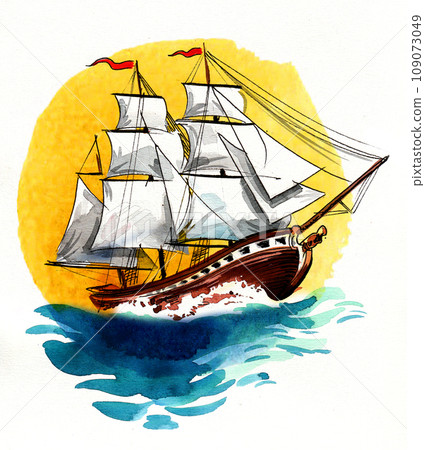 Sailing ship in the sea. Hand-drawn ink and watercolor sketch Sailing ship in the sea. Hand-drawn ink and watercolor sketch 109073049