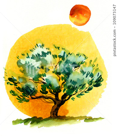 Olive tree and sun. Hand-drawn ink and watercolor sketch 109073147