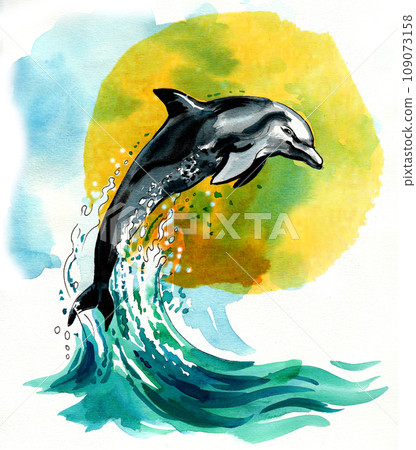 Jumping dolphin. Hand-drawn ink and watercolor sketch 109073158