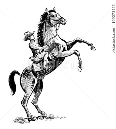 Cowboy riding a horse. Hand-drawn ink black and white drawing 109073323