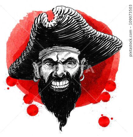 Angry pirate head. Hand-drawn vintage styled ink and watercolor illustration Angry pirate head. Hand-drawn vintage styled ink and watercolor illustration 109073503