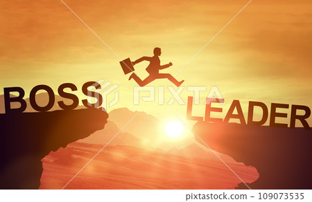 Silhouette Man jumping from Boss cliff to leader cliff on sunset background. Change behavior and thinking to leadership concept. management leadership Silhouette Man jumping from Boss cliff to leader cliff on sunset background. Change behavior and thinking to leadership concept. management leadership 109073535