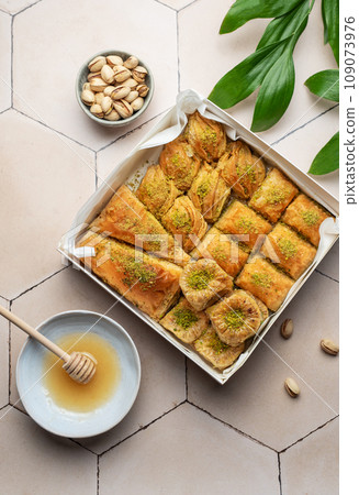 Assortment of Turkish baklava dessert Assortment of Turkish baklava dessert 109073976