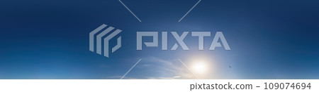 Dark blue sunset sky panorama with light Cirrus clouds. Seamless hdr 360 panorama in spherical equirectangular format. Full zenith for 3D visualization, sky replacement for aerial drone panoramas. 109074694