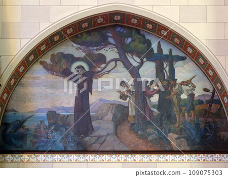 St. Anthony of Padua preaches fishes, fresco in Saint Francis of Assisi church in Zagreb, Croatia St. Anthony of Padua preaches fishes, fresco in Saint Francis of Assisi church in Zagreb, Croatia 109075303