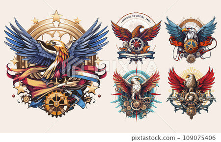 Steampunk Eagle logo emblem templates set. Colored vintage whimsical steam punk bird, hawk, eagle logo collection. Steampunk Eagle logo emblem templates set. Colored vintage whimsical steam punk bird, hawk, eagle logo collection. 109075406