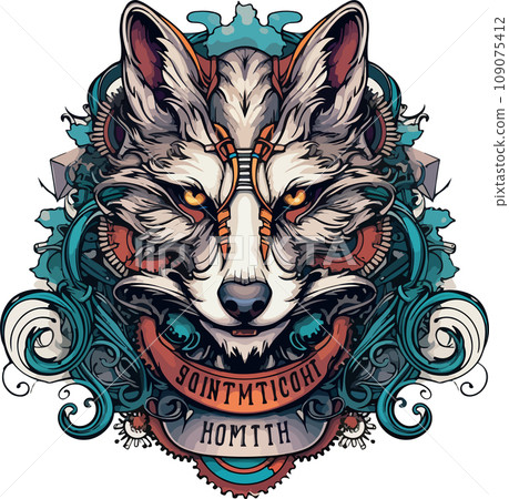 Steampunk Wolf logo emblem template. Colored vintage whimsical steam punk wolf mascot Steampunk Wolf logo emblem template. Colored vintage whimsical steam punk wolf mascot 109075412