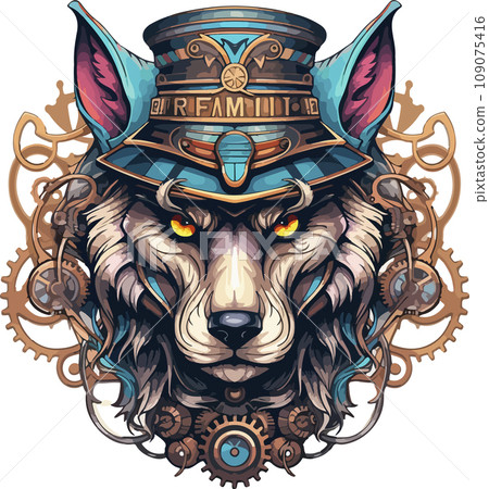 Steampunk Wolf logo emblem template. Colored vintage whimsical steam punk wolf mascot 109075416