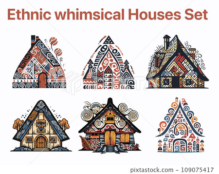 Vector ornamental traditional decorative house set illustration. Abstract historical mythology cabin logo. Good for print or tattoo 109075417