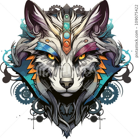 Steampunk Wolf logo emblem template. Colored vintage whimsical steam punk wolf mascot 109075422