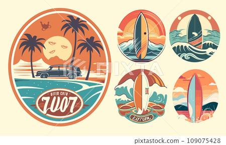 Retro Surf logo templates set. Vintage logo with surfing board, sea and sun. 109075428