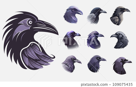 Vector Raven collection. Black and bue Crow, raven, birds set 109075435