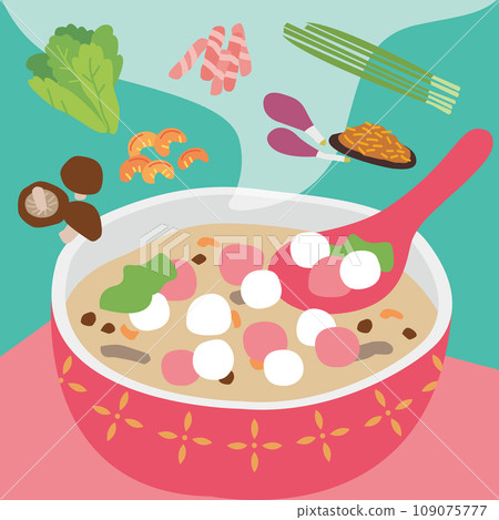 冬至或元宵節材料、中式客家鹽湯及配料、香料、青菜、豌豆、豬肉等配料 109075777