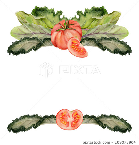 Hand drawn watercolor green salad spinach kale leaf tomato for diet healthy lifestyle, vegan cooking. Illustration border frame isolated on white background. Design poster, print, website, card, menu 109075904