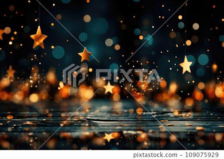 Gold stars on a background of blur of lights. Christmas card 109075929