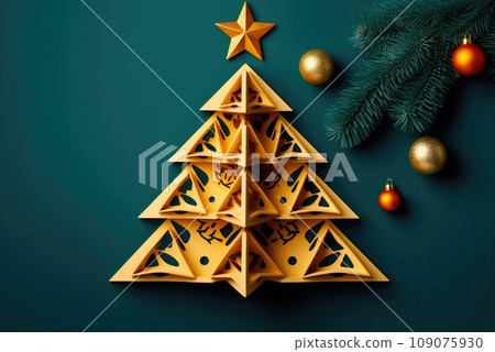 Minimalist new year card. Gold Christmas tree with toys and spruce branches on blue background Minimalist new year card. Gold Christmas tree with toys and spruce branches on blue background 109075930