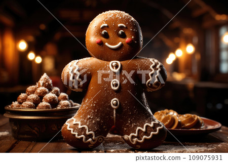 Gingerbread man and gingerbread cookie on christmas bokeh background Gingerbread man and gingerbread cookie on christmas bokeh background 109075931