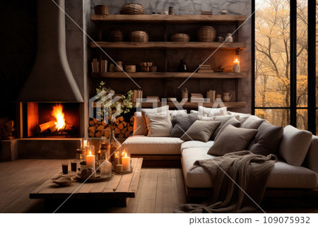 Autumn cozy decor of the living room with a sofa and a burning fireplace 109075932