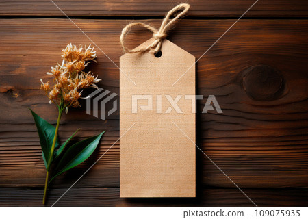 Paper bag with string on a wooden background. Mockup label for business mockups for handmade products Paper bag with string on a wooden background. Mockup label for business mockups for handmade products 109075935