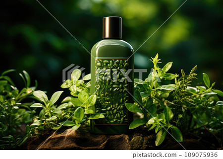 Natural cosmetics in a green bottle with green leaves on a forest background. The concept of a natural organic cosmetic product Natural cosmetics in a green bottle with green leaves on a forest background. The concept of a natural organic cosmetic product 109075936
