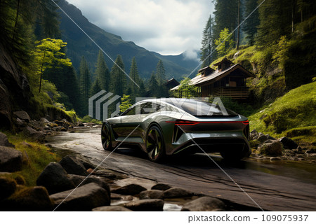 Electric car of the future rides on a mountain road Electric car of the future rides on a mountain road 109075937