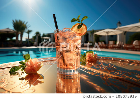 Refreshing cocktail with ice and a straw in a glass stands on the edge of the pool in the hotel on a summer day Refreshing cocktail with ice and a straw in a glass stands on the edge of the pool in the hotel on a summer day 109075939