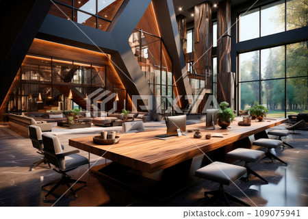 Modern open workspace with a large conference table in a modern business center Modern open workspace with a large conference table in a modern business center 109075941