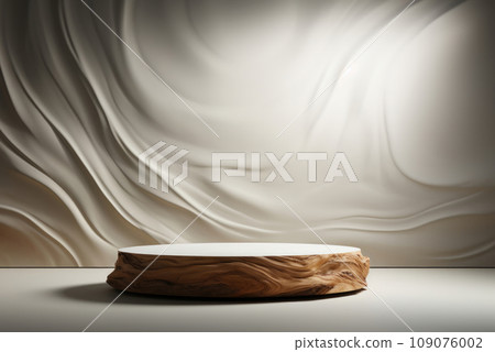 Stylish podium white with wooden for product demonstration, display, presentation, concept, marketing. 109076002