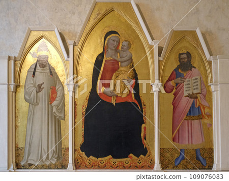 Madonna and Child with St. Gregory and St. Job, Triptych by Nardo di Cione, Basilica di Santa Croce (Basilica of the Holy Cross) - famous Franciscan church in Florence, Italy 109076083