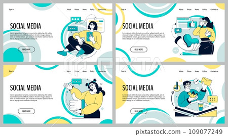 Social media landing page. Online communication. Internet chatting. Mobile messenger technology. Like content. Blogging influencer. Messages sending. Website design template. Vector web banners set Social media landing page. Online communication. Internet chatting. Mobile messenger technology. Like content. Blogging influencer. Messages sending. Website design template. Vector web banners set 109077249