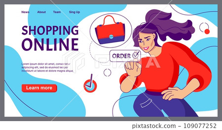 Online shopping landing page. Customer choosing clothing. Woman buying handbag. Website design template. Store order delivery. Boutique sale. Internet shop. Shopper making purchase. Vector background Online shopping landing page. Customer choosing clothing. Woman buying handbag. Website design template. Store order delivery. Boutique sale. Internet shop. Shopper making purchase. Vector background 109077252