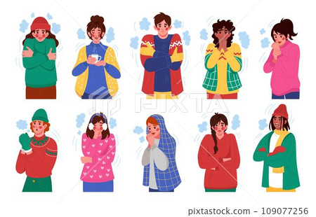 Shivering people. Frosty winter. Cold weather. Trembling woman and man. Shiver hands. Feeling discomfort from hypothermia. Warm sweaters and coats. Breath steam. Low temperature. Vector persons set 109077256