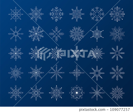Set of snowflakes. Snow flakes silhouette design, crystal gift with white stars. Christmas decorative line isolated elements. Snowy weather winter symbols. Vector Ice ornament garish illustration 109077257