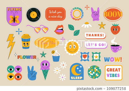 Y2k stickers. Retro labels. Humorous emoticons. Bright abstract shapes. Funny faces. Hands gesture. Positive motivational lettering. Happy coffee cup. Modern garish artwork. Cool patches vector set 109077258