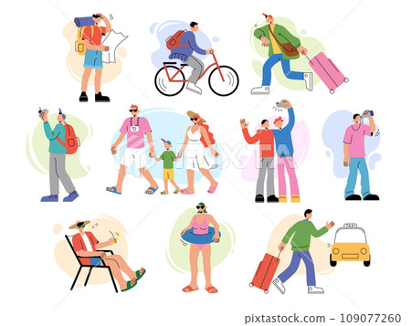 Travel persons. Summer tourism. People walk with baggage. Tourist family characters. Beach rest. Photo camera. Woman on bicycle. Man hurrying with luggage. Taxi order. Hiking map. Vector travelers set 109077260