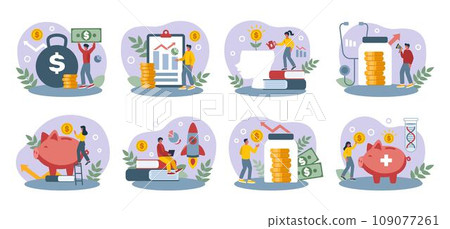 Finance investment. Money business. Investing persons and economy literacy. Successful businessman. Characters education. Profit growth. Financial management. Cash saving. Vector tidy concepts set 109077261