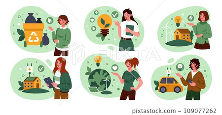 Sustainable home. Green renewable energy. Eco friendly car charge. Infographic with nature, ecology and people. Garbage recycle. Electric lamp. Environment conservation icons. Vector tidy concepts set 109077262