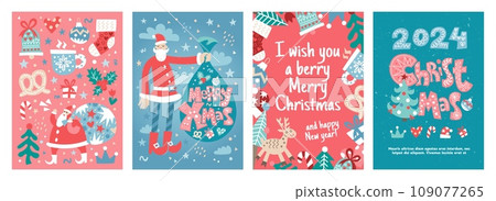 Xmas cards. Merry christmas patterns, abstract new year modern art, ornament on tree, bauble for holidays. Santa Claus with gifts. 2024 lettering, congratulation phrases vector illustration background 109077265