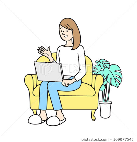 簡單的人物插圖，女性生活方式，坐在沙發上的女人 109077545