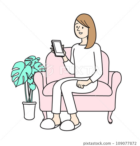 簡單的人物插圖,女性生活方式,坐在沙發上的女人 簡單的人物插圖,女性生活方式,坐在沙發上的女人 109077872