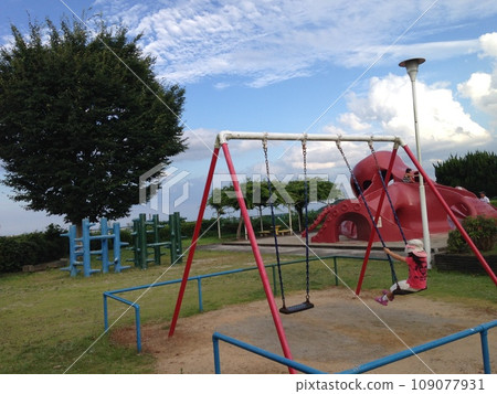 Rear view of a girl riding a swing at Takoyama Park 109077931