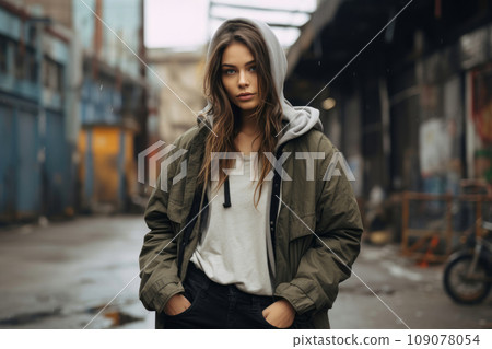 A person in grungy attire against an urban street backdrop, showcasing the edgy and streetwise fashion style. Generative Ai 109078054