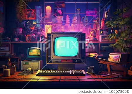 A vintage gaming scene with retro pixel art aesthetics and glitch effects, appealing to both gamers and retro enthusiasts. Generative Ai 109078098