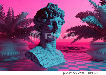 A digitally manipulated artwork with vaporwave motifs, such as Greek statues, palm trees, and checkerboard patterns, perfect for graphic design and digital media. Generative AI 109078119