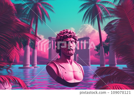 A digitally manipulated artwork with vaporwave motifs, such as Greek statues, palm trees, and checkerboard patterns, perfect for graphic design and digital media. Generative AI 109078121
