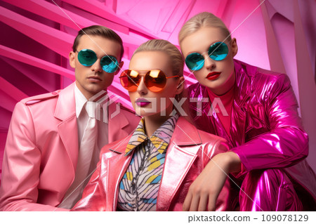 A high-fashion photo shoot with models dressed in vaporwave-inspired clothing and accessories, suitable for fashion and lifestyle promotions. Generative Ai 109078129